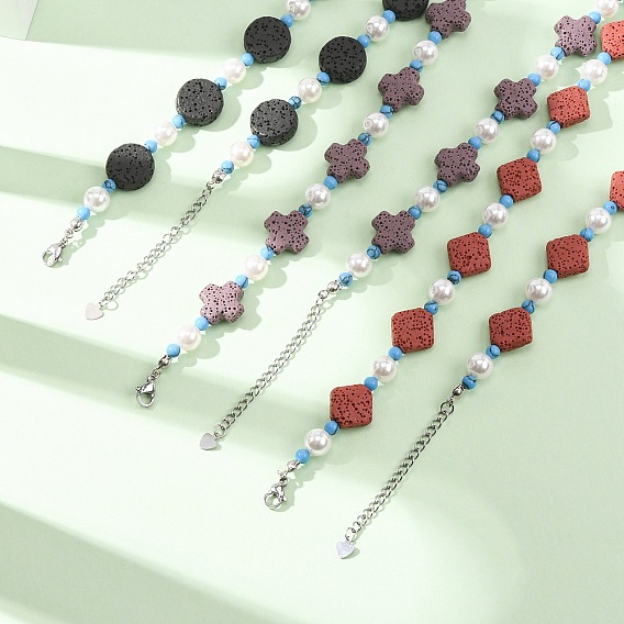 Dyed Natural Lava Rock & Round Synthetic Turquoise & Imitation Pearl Beaded Necklaces, with 304 Stainless Steel End Chains, Stainless Steel Color