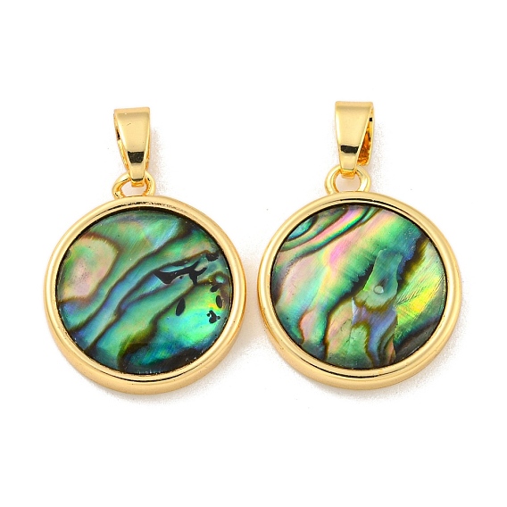 Natural Paua Shell Pendants, Rack Plating Brass Flat Round Charms