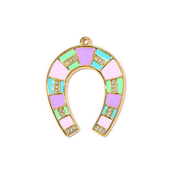 304 подвески из нержавеющей стали с эмалью и стразами, подкова очарование, ионное покрытие (ip), долговечный, зеркальная полировка, реальный 18 k позолоченный