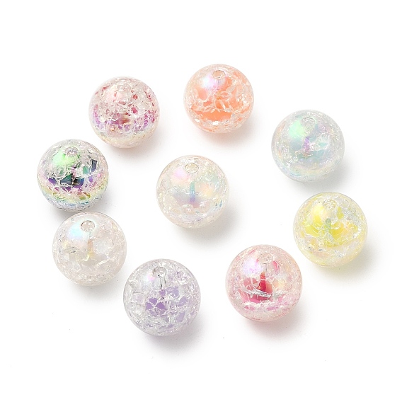 UV Plating Transparent Crackle Acrylic Beads, Bead in Bead, Iridescent, Round