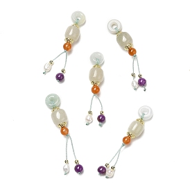 Natural Hetian Jade Apple Pendants, Natural Pearl Tassel Donut Charms with Jadeite, Agate, Lepidolite and Brass Beads
