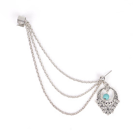 Retro Water Teardrop Turquoise and Twisted Chains Alloy Cuff Earrings, 160mm
