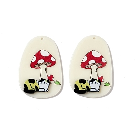 Opaque Acrylic Pendants, Oval with Mushroom and Cat Pattern Charms