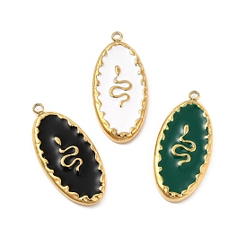 Vacuum Plating 201 Stainless Steel Enamel Pendants, Real 18K Gold Plated, Oval with Snake Pattern Charm