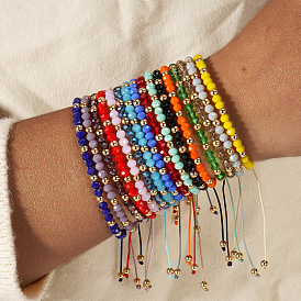 Браслеты из плетеных бусин из круглых стеклянных и латунных бусин, регулируемые плетеные браслеты из волоконного шнура для женщин, золотые