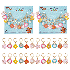 Marqueurs de point de verrouillage pendentif en alliage d'émail, 304 boucle d'oreille à levier en acier inoxydable et anneaux de charme en verre à vin en laiton marqueur de point, tournesol avec visage souriant/marguerite