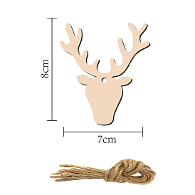10Pcs Christmas Reindeer Unfinished Wood Cutouts Ornaments, with Hemp Rope, for Blank Crafts DIY Christmas Party Hanging Decoration Supplies
