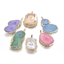 Natural Druzy Agate Big Pendants, with Golden Tone Brass Findings, Dyed, Nuggets