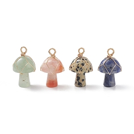 Natural Gemstone Pendants, Mushroom Charm, with Light Gold Tone Eco-Friendly Copper Wire Wrapped
