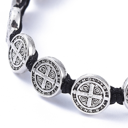 Adjustable Nylon Thread Braided Bead Bracelets, with Tibetan Style Alloy Flat Round Beads and 304 Stainless Steel Beads, Saint Benedict Medal