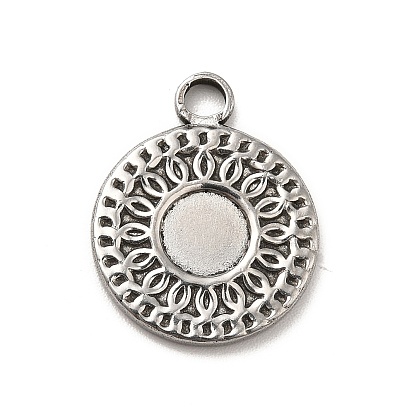 304 Stainless Steel Pendant Cabochon Settings, Flat Round with Flower