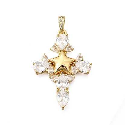 Латунные микро проложить кубического циркония подвески, пересечь звездочкой, долговечный, без кадмия и без свинца, стойки покрытие, реальный 18 k позолоченный