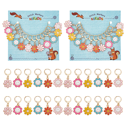 Marqueurs de point de verrouillage pendentif en alliage d'émail, 304 boucle d'oreille à levier en acier inoxydable et anneaux de charme en verre à vin en laiton marqueur de point, tournesol avec visage souriant/marguerite