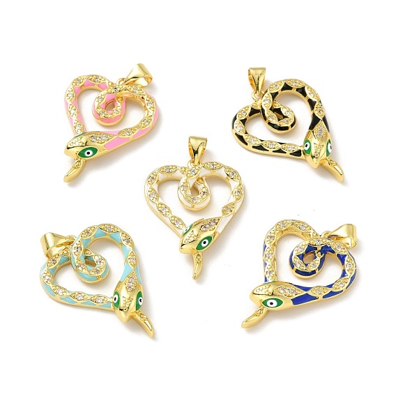 Латунные микропаве прозрачные подвески с фианитом, с эмалью, реальный 18 k позолоченный, без свинца, без кадмии и без никеля, сердце со змеей