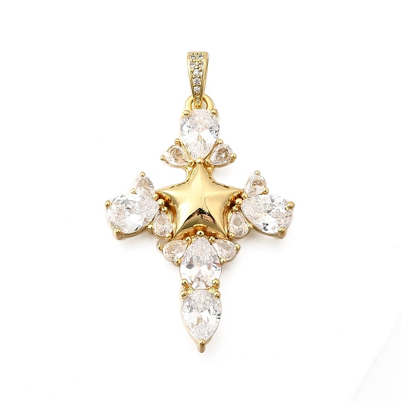 Латунные микро проложить кубического циркония подвески, пересечь звездочкой, долговечный, без кадмия и без свинца, стойки покрытие, реальный 18 k позолоченный