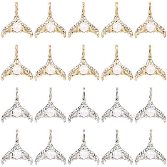 20 pcs 2 couleurs pendentifs en alliage de cristal strass, breloques en forme de queue de sirène, avec perles en plastique imitation abs