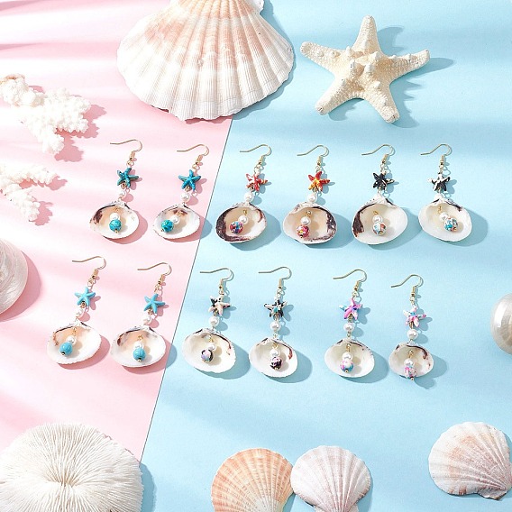 В форме ракушки 304 серьги-подвески из нержавеющей стали с синтетической бирюзой, с натуральными бусинами из ракушек и искусственным жемчугом, золотые