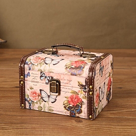 Retro Printed Imitation Leather Jewelry Storage Boxs with Handle, for Necklaces Rings Earrings, Rectangle
