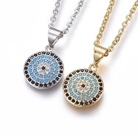 304 Stainless Steel Pendant Necklaces, with Cubic Zirconia, Colorful, Flat Round