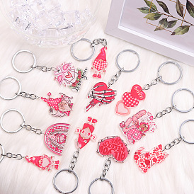 Porte-clés pendentif en acrylique sur le thème de la Saint-Valentin, à trouver acier inoxydable, gnome/cœur/mot/arc-en-ciel