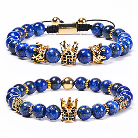 Bracelet couronne en lapis-lazuli naturel avec perles en cuivre et pierre de zircon hexagonale