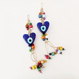 Handmade Woven Blue Heart with Evil Eye Glass Pendant Decorations, with Wood Beads and Jute Cord Tassel Wall Hanging Ornaments