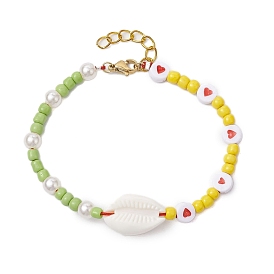 Coquille acrylique de plage d'été et bracelets de perles en plastique, bracelets coeur pour femme