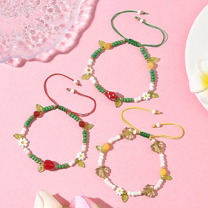 3Pcs 3 Styles Glass Seed Beads & Lampwork Beads Braided Bead Bracelets for Women, Apple & Strawberry & Leaf, with Natural Dyed Yellow Jade & Carnelian