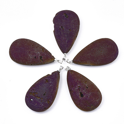Electroplate Natural Druzy Geode Agate Pendants, with Brass Findings, Drop, Platinum