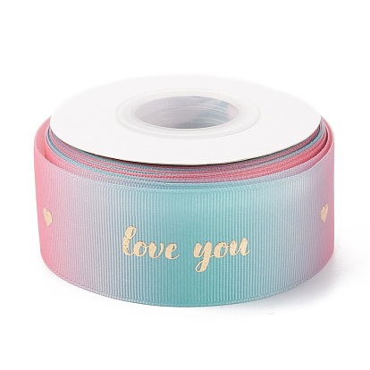 Gradient Polyester Grosgrain Ribbon, Single Face Printed, Word Love You Pattern, for Gift Wrapping, Wedding Decoration