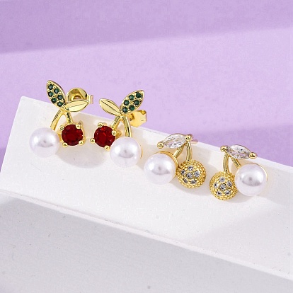 Серьги-гвоздики из вишневой латуни с микропаве из кубических цирконий, с пластмассовой жемчужиной abs, долговечный, без свинца и без кадмия