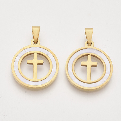 201 Stainless Steel Pendants, with Shell and Random Size Snap on Bails, Flat Round with Cross