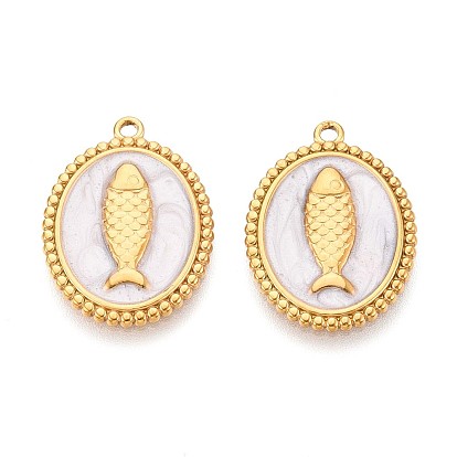 304 подвески из нержавеющей стали, с эмалью, овал с подвеской в виде рыбы, реальный 18 k позолоченный, ионное покрытие (ip)