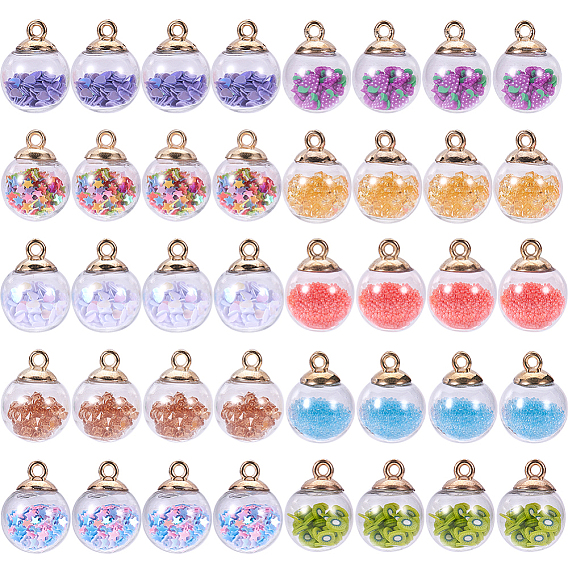 Glass Ball Pendants, with Polymer Clay and CCB Plastic Findings, Round, Golden