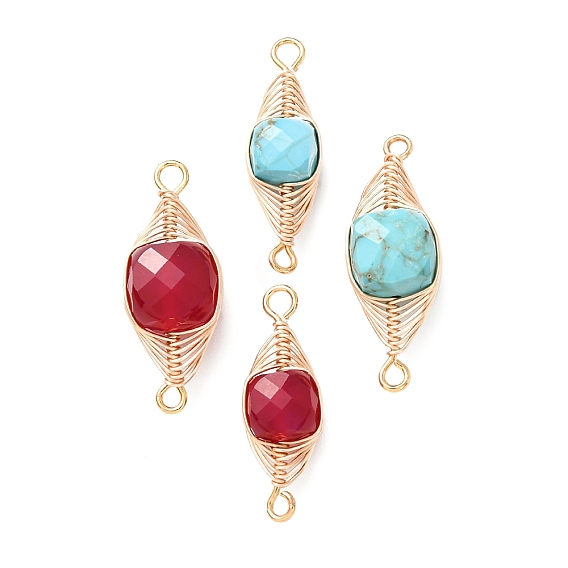 Соединительные подвески в виде кубических звеньев с ограненными натуральными драгоценными камнями, обмотанные медной проволокой в виде елочки., золотые, долговечный