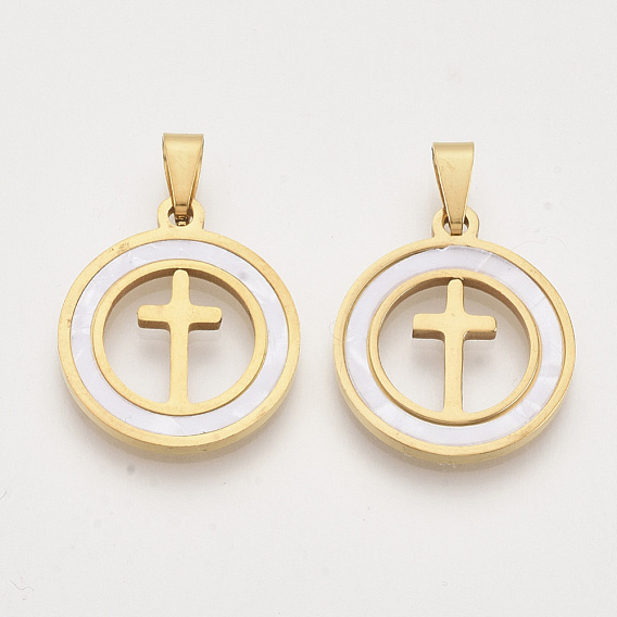 201 Stainless Steel Pendants, with Shell and Random Size Snap on Bails, Flat Round with Cross