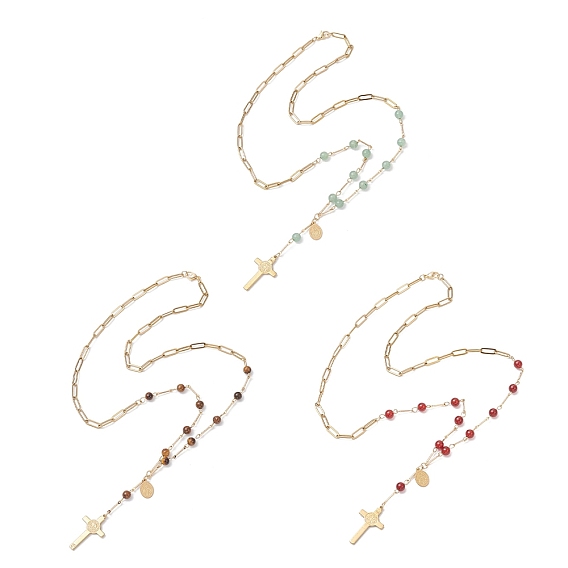 3 шт. 3 стили ожерелья с круглыми бусинами-четками из натурального сердолика, зеленого авантюрина и тигрового глаза, 304 Женские ожерелья с подвеской в виде креста из нержавеющей стали, золотые