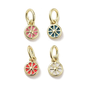 Rack Plating Brass Enamel Charms, with Jump Ring, Long-Lasting Plated, Cadmium Free & Lead Free, Lemon Slices Charm, Real 18K Gold Plated