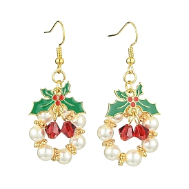 Christmas Theme Imitation Austrian Crystal & Round Shell Pearl Dangle Earrings, with Alloy Enamel Links Connectors, Christmas Holly Leaves
