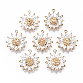 Brass Micro Pave Cubic Zirconia Pendants, Light Gold, Long-Lasting Plated, Cadmium Free & Lead Free, Flower