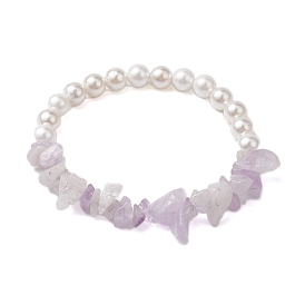 Gemstone Chip & Round Pearl Shell Stretch Bracelets for Women