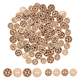 100шт. 2 стили натуральных кокосовых пуговиц, 2-луночное, плоские круглые с цветочным узором