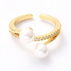 Anneaux de manchette en laiton zircon cubique micro pavé clair, anneaux ouverts, avec des perles rondes shell perles, plaqué longue durée