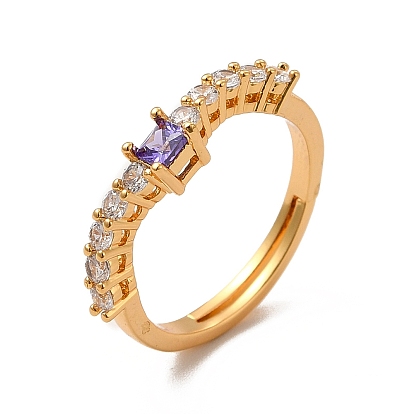 Lilac Cubic Zirconia Rectangle Adjustable Ring, Rack Plating Brass Jewelry for Women, Cadmium Free & Lead Free