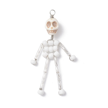 Большие подвески из стеклянных бусин и синтетической бирюзы, скелет, с медной проволокой