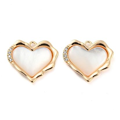 Natural Freshwater Shell Pendants, Brass Micro Pave Clear Cubic Zirconia Heart Charms