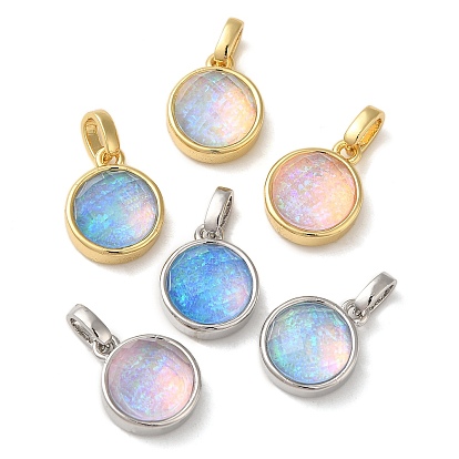 Rack Plating Brass with Synthetic Opal Pendants, Cadmium Free & Lead Free, Flat Round