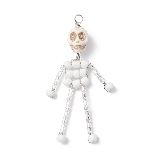 Большие подвески из стеклянных бусин и синтетической бирюзы, скелет, с медной проволокой