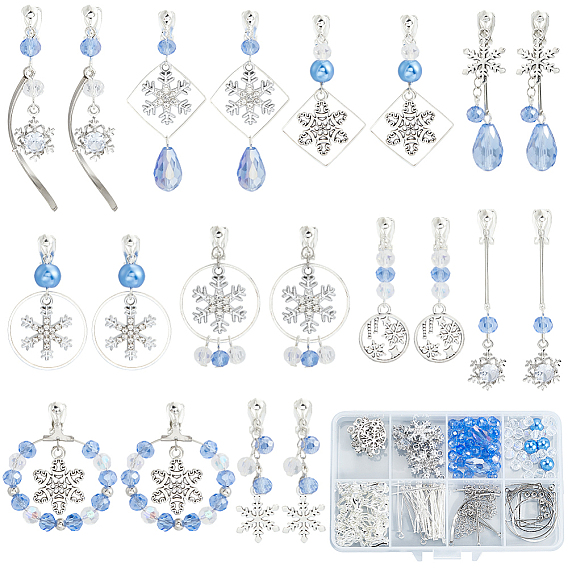 Наборы для изготовления сережек в форме снежинки своими руками, включая подвески из сплава, 304 Подвески и серьги-кольца из нержавеющей стали, латунные бусины, фурнитура для колец и клипсовых сережек, стеклянные бусины и железные звенья
