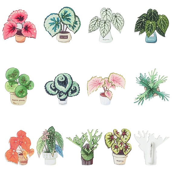 24 piezas 12 estilos pin de solapa acrílico con forma de planta pin, placa de hierro creativa para ropa de mochila